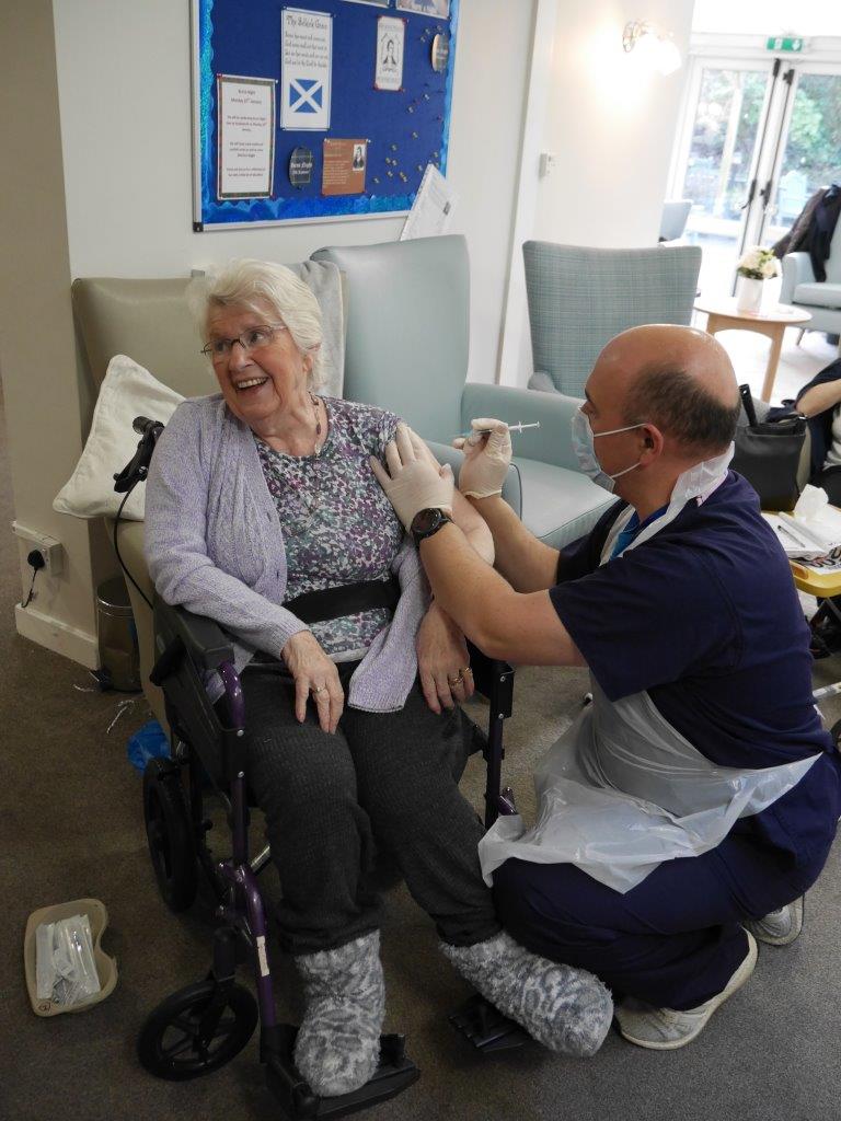CARE HOME VACCINATION ROLLOUT Handsworth Bowdon Sheila Rice with Dr Thomas Earnshaw St Johns Medical Centre